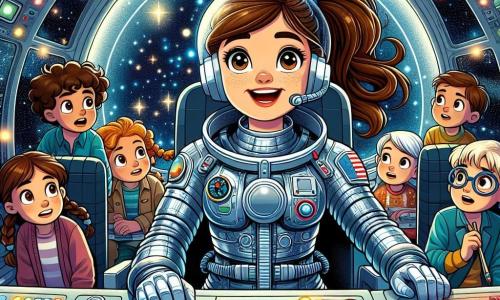 No centro da imagem, Clara, uma corajosa mulher astronauta, está pilotando sua grande nave espacial. Ela usa um traje espacial prateado que brilha sob as luzes coloridas dos botões de controle. Seu rosto irradia excitação e determinação, com cabelos castanhos presos em um rabo de cavalo. Ao lado dela, um grupo de quatro crianças curiosas, com idades entre 8 e 10 anos, se encontra atrás de uma tela de controle. João, um menino de cabelos cacheados e pele clara, observa Clara com os olhos arregalados, enquanto Marta, uma menina de cabelos longos e loiros, faz anotações em um pequeno caderno. Duas outras crianças, um menino de óculos e uma menina com tranças, observam atentamente as luzes piscantes do console. O interior da nave está repleto de painéis de controle futuristas, luzes cintilantes e janelas que dão para a imensidão do espaço, onde estrelas brilham como diamantes em um fundo negro profundo. A situação principal mostra Clara resolvendo um problema técnico, com alarmes piscando ao seu redor. As crianças, engajadas e entusiasmadas, a ajudam a redirecionar a energia da nave seguindo suas instruções, criando uma atmosfera de cooperação e aventura no espaço.