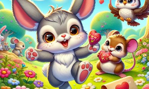 Ein kleiner Hase mit großen Ohren und grauem Fell, dessen Augen vor Freude strahlen, springt begeistert in einem sonnigen Park, umgeben von bunten Blumen. Neben ihm hält eine kleine Maus mit braunem Fell und glänzenden Augen, die lächelt und voller Energie ist, ein Herz aus Papier in ihren kleinen Pfoten, bereit, es ihrem Freund zu zeigen. Ein weiser Uhu mit weichen Federn und runden Augen sitzt auf einem Ast und beobachtet die Szene mit einem wohlwollenden Lächeln, während er eine Rolle Papier mit einem Rätsel darauf hält. Der Park ist grün, mit majestätischen Bäumen, leuchtenden Blumen und einem klaren blauen Himmel, was eine fröhliche und festliche Atmosphäre schafft. Die Charaktere bereiten eine Schatzsuche zur Feier des Valentinstags vor, umgeben von Papierherzen und kleinen bunten Geschenken, die Freundschaft und Liebe symbolisieren.