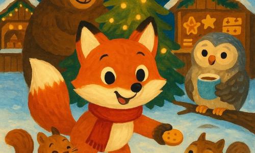 Die Hauptfigur ist ein kleiner roter Fuchs (Finley) mit weißem Bauch, rotem Schal und freundlichem Lächeln, der eine Pfote hinhält, um einen Keks zu schenken; links zwei lebhafte hellbraune Eichhörnchen mit Nüssen, die im Schnee tollen; rechts eine runde, weise Eule (Emma) mit grauem Gefieder und bernsteinfarbenen Augen, erleichtert, hält eine dampfende Punsch-Tasse auf einem niedrigen Ast; hinter dem Fuchs steht ein großer brauner Bär (Bruno) und hilft, einen Weihnachtsbaum aufzustellen, ruhig lächelnd; im Hintergrund eine Lichtung mit Weihnachtsmarkt im Wald: funkelnder frischer Schnee, warme gelbe Lichter, hölzerne Buden mit Tannenzweigen und Plätzchen; die Tiere versammeln sich um einen beleuchteten Baum, tauschen freundliche Gesten und Lachen aus, nächtliche, sanft-magische Stimmung in warmen Farben und weichen Gouache-Kontrasten.