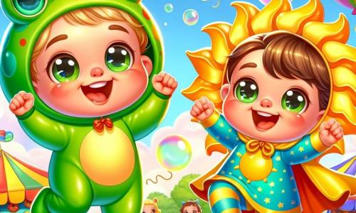 Un niño de 2 años, llamado Mateo, lleva un disfraz de rana verde brillante con ojos redondos y brillantes. Tiene una gran sonrisa alegre y mejillas sonrosadas. Mateo está saltando con entusiasmo, con los brazos levantados hacia el cielo. A su lado, Pablo, un niño de 3 años, está disfrazado de sol. Tiene una gran cabeza redonda con rayos dorados y un rostro radiante de felicidad. Baila alegremente, sosteniendo la mano de Mateo. El escenario es un parque animado, lleno de globos de colores flotando en el aire, guirnaldas festivas y risas de niños. Hay puestos de juegos y burbujas de jabón flotando a su alrededor, creando un ambiente mágico. La escena principal muestra a Mateo y Pablo divirtiéndose juntos, saltando y riendo, rodeados de otros niños disfrazados, todos celebrando el carnaval con alegría y energía.