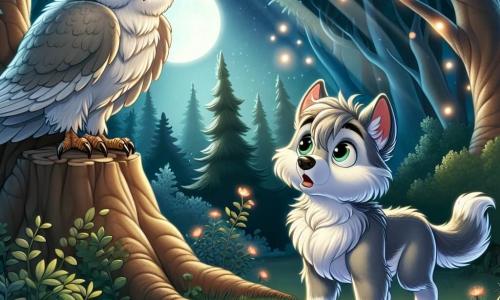 Un pequeño lobo llamado Lupo, con un pelaje plateado que brilla bajo la luz de la luna, se encuentra al borde de un claro, con los ojos llenos de curiosidad y asombro. Observa a su alrededor con una expresión de emoción, listo para descubrir los secretos del mundo que lo rodea. A su lado, un viejo búho sabio, con plumas blancas como la nieve y ojos penetrantes, se posa en una rama, mostrando una expresión tranquila y reflexiva, como si estuviera listo para compartir su conocimiento. El escenario es un magnífico bosque encantado, donde los majestuosos árboles se elevan hacia el cielo, sus hojas bailando al viento, y donde los rayos de luna filtran a través de las ramas, creando sombras misteriosas sobre el suelo cubierto de flores coloridas. La escena principal muestra a Lupo, el pequeño lobo, escuchando atentamente al búho, que le habla de los ecos perdidos del pasado, mientras luciérnagas iluminan la escena, añadiendo un toque mágico a este encuentro nocturno.