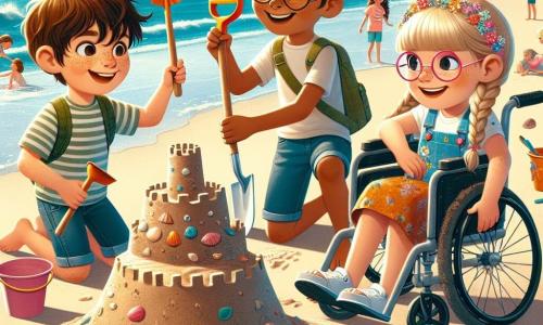 In una bella spiaggia soleggiata, quattro amici si sono riuniti per costruire un castello di sabbia. Marco, un ragazzo di 10 anni con capelli castani e un grande sorriso, sta in piedi su una piccola collina di sabbia con una pala in mano. Sara, una ragazza di 9 anni con capelli biondi e occhiali colorati, è accovacciata vicino al castello, decorando la struttura con conchiglie brillanti. Luca, un ragazzo di 10 anni con capelli neri e occhiali rotondi, è seduto sulla sabbia, mescolando acqua e sabbia per creare la base del castello. Giulia, una ragazza di 9 anni con capelli castani e una sedia a rotelle decorata, è accanto a Marco, sorridendo e tenendo una grande conchiglia. La spiaggia è piena di sabbia dorata e onde dolci, con ombrelloni colorati e bambini che giocano in lontananza. I quattro amici lavorano insieme, ridendo e incoraggiandosi, mentre costruiscono un magnifico castello di sabbia che rappresenta la loro amicizia e creatività.