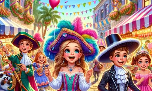 Una ragazza di 10 anni, di nome Giulia, si trova al centro della scena, radiosa di gioia. Indossa un costume da pirata colorato, con un cappello a tricorno decorato con piume e una spada di plastica in mano. Il suo viso è illuminato da un grande sorriso, gli occhi brillanti di eccitazione mentre guarda intorno a sé. Alla sua destra, un ragazzo di 9 anni, vestito da mago, indossa una tunica nera scintillante e un grande cappello a punta. Tiene una bacchetta magica e fa gesti drammatici, come se stesse lanciando un incantesimo. A sinistra di Giulia, una ragazza di 8 anni, con un bel vestito da principessa rosa, sorride tenendo un palloncino a forma di cuore. Guarda Giulia con ammirazione, ansiosa di partecipare all'avventura. La scena si svolge in una piazza animata, decorata con ghirlande colorate e maschere di carnevale appese agli alberi. I chioschi di cibo offrono dolcetti, mentre i bambini ballano e ridono intorno a loro, creando un'atmosfera festosa e gioiosa. Giulia e i suoi amici sono alla ricerca di un tesoro nascosto, seguendo un indizio misterioso, scrutando i dintorni con entusiasmo, pronti a scoprire le sorprese che il carnevale ha in serbo per loro.