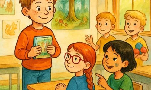 A 10-year-old boy with a round, freckled face and tousled light brown hair stands before the class holding a small illustrated book to his chest, speaking with quiet confidence and a shy smile; Lily, a 10-year-old girl with thick red glasses and braided red hair, sits front row watching him with hands clasped in admiration; Mia, 10, with short black hair and a paint smudge on her cheek, leans beside Lily pointing to a drawn page with a knowing smile as if helping correct an illustration; Sam, 10, blond and slightly in the background, juggles three colorful balls with an encouraging look; the bright classroom has light wood desks, a green rug, walls covered in animal drawings and a large magical-forest poster, and an open window pouring in golden light as classmates listen attentively with warm smiles and supportive gestures.
