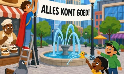 Een jonge man (Jip) met kort bruin haar, vastberaden glimlach, te lange rode cape, blauw T‑shirt en rugzak rolt tussen twee lantaarns een grote witte spandoek met dikke zwarte letters ALLES KOMT GOED! uit; links staat een volwassen bakker met bloem in zijn gezicht en een spuitzak slagroom bij de etalage, rechts voor de fontein staat een ongeveer 5‑jarig meisje in een gele jurk met twee vlechtjes wijzend naar het spandoek en iets achter haar een lachende jongen van circa 7 met een groene pet; een grijze duif zit op een bankje bij Jip en een geel rubberen eendje zit vast in de rand van de fontein waardoor water scheef spuit; plein met lichtgrijze kasseien, ronde fontein met blauwe waterstralen, bakkerijvitrine links, hoge glazen gebouwen op de achtergrond, ronde lantaarns en een knipperend reclamebord met een S rechtsboven; komische situatie waarin de stuntelige superheld het spandoek ophangt terwijl de slagroom kleine snorretjes op taarten spuit en de fontein door het vastzittende eendje water naar opzij spuwt.