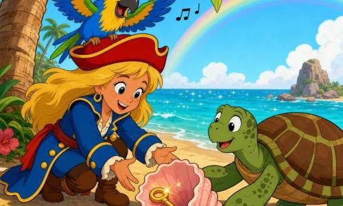 Una giovane pirata, Lella, sorridente e coraggiosa, capelli lunghi dorati, piccolo cappello rosso e giacca blu abbottonata, accovacciata e intenta a prendere una chiave d’oro brillante incastrata in una conchiglia rosa; il pappagallo colorato Blu, con piume blu, verdi e gialle, è posato sul bordo del cappello e svolazza aiutando, e la tartaruga Ernesto, grande con carapace verde e marrone, spinge delicatamente la conchiglia con le zampe; la scena è ai piedi di una palma alta su una piccola spiaggia di sabbia dorata con conchiglie rosa, stelle marine, acqua turchese che scintilla e un arcobaleno pallido, atmosfera luminosa e gioiosa, colori saturi e contorni semplici in stile cartone animato anni ’90.