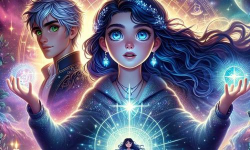 Selene, una niña de once años con largos y ondulados cabellos de un profundo azul, se encuentra en el centro de la imagen, con los ojos brillantes de asombro y determinación. Lleva una capa brillante que parece capturar la luz de las estrellas, y sus manos están levantadas, canalizando una energía luminosa que irradia a su alrededor. A su lado, Kael, un chico de doce años con cabello plateado y ojos verdes brillantes, observa con admiración, listo para apoyar a Selene, su expresión muestra valentía y emoción. El fondo es un paisaje cósmico impresionante: un cielo estrellado con constelaciones brillantes, planetas de colores flotando a lo lejos y nebulosas en tonos violetas y rosas que danzan en el espacio. Abajo, un antiguo portal de piedra cubierto de símbolos luminosos se ilumina bajo los pies de Selene, añadiendo un toque de misterio a la escena. Selene está liberando una poderosa luz estelar para combatir una sombra amenazante en el horizonte, simbolizando la lucha entre la luz y la oscuridad.