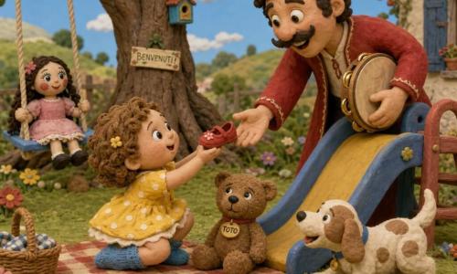 Una niña de 2 años, curiosa y alegre, con cabello castaño claro en rizos, sostiene un zapato rojo; lleva un vestido amarillo de lunares blancos y grandes calcetines azules, agachada sobre una manta a cuadros; al lado, un osito de peluche marrón llamado Toto mira el zapato; un cachorro manchado blanco y beige mueve la cola y olfatea cerca, frente a un parterre de flores; una muñeca llamada Rosa, con rostro pintado y vestido rosa, está en un columpio azul; un tamborilero adulto de unos 30 años, bigotudo, con traje rojo y sombrero, sostiene un tambor y ofrece otro zapato sonriendo, detrás del tobogán; jardín soleado con césped verde, flores coloridas, un gran árbol con raíces visibles y un columpio de madera; escena central: la niña entrega el zapato rojo al tamborilero en un momento tierno, colorido y luminoso con expresiones felices.
