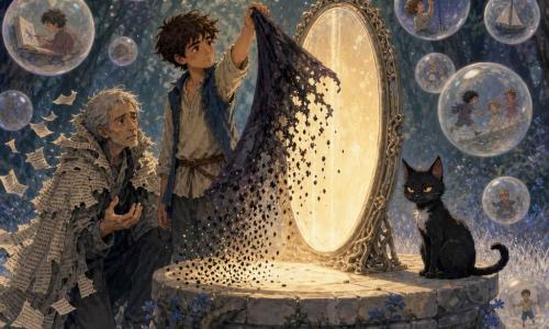 Un giovane di nome Elio, volto sottile, capelli castani scompigliati, sguardo determinato e tenero, solleva con mano esitante ma coraggiosa l'angolo di un velo scuro che copre uno specchio; un uomo più anziano, il Collezionista di Sussurri, magro, capelli grigi, occhi stanchi, è inginocchiato dietro il piedistallo con un mantello di parole strappate che fluttuano intorno alle spalle, espressione contrita; un piccolo gatto nero chiamato Mirtillo, con una macchia bianca sul petto, è seduto sul bordo del piedistallo a destra di Elio, guardando con aria maliziosa e protettiva; la radura è coperta da erba argentata che luccica, bolle oniriche trasparenti fluttuano riflettendo scene di infanzia, lo specchio poggia su un piedistallo di pietra chiara circondato da radici e piccole fioriture blu; il velo si solleva trasformandosi in semi neri che cadono e si dissolvono mentre una luce dorata e morbida emana dallo specchio illuminando i volti in un'atmosfera fiabesca e serena, colori pastello contrastati da ombre profonde, con texture di gouache e pennellate visibili.