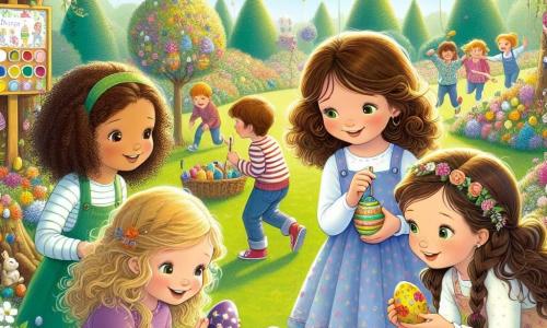 Cuatro chicas, Clara, Lucía, Marta y Sofía, de unos 10 años, están en el centro de un parque soleado, rodeadas de flores coloridas y árboles verdes. Clara, con cabello rizado y una sonrisa brillante, sostiene un huevo de Pascua decorado en forma de estrella. Lucía, con cabello liso y castaño, se inclina hacia adelante, examinando un huevo con gran curiosidad. Marta, con trenzas y gafas, ayuda a un niño pequeño a alcanzar un huevo escondido detrás de un arbusto. Sofía, con cabello largo y ondulado, observa pensativa, sosteniendo un pincel y tarros de pintura colorida a su lado. El parque está lleno de risas de niños, con globos flotantes y guirnaldas de flores colgadas entre los árboles. Al fondo, hay un gran cartel de madera decorado con motivos de Pascua, anunciando la búsqueda de huevos. La escena principal muestra a las chicas organizando una caza de huevos de Pascua, con huevos coloridos escondidos en la hierba y detrás de los árboles, mientras los niños corren alegremente buscando los tesoros de chocolate.
