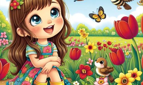 Ein 6-jähriges Mädchen, Mia, mit langen braunen Haaren und strahlend glücklichen Augen, trägt ein buntes Kleid und gelbe Gummistiefel. Sie sitzt in einem blühenden Garten, umgeben von roten Tulpen und gelben Narzissen, mit einem großen Lächeln im Gesicht, während sie einen schönen Schmetterling mit bunten Flügeln beobachtet, der um sie herumfliegt. In der Nähe sitzt ein kleiner Spatz mit braunem Gefieder und einem runden Kopf auf einem Baumast und singt fröhlich. Er scheint sich zu freuen, Mia nach ihrer langen Reise wiederzusehen. Ein wenig weiter entfernt summt eine Biene mit schwarz-gelbem gestreiftem Körper und bestäubt eine Blume, konzentriert auf ihre Aufgabe. Der Garten ist hell erleuchtet, mit einem klaren blauen Himmel und flauschigen weißen Wolken. Die Blumen tanzen sanft im Frühlingswind und schaffen eine fröhliche und lebendige Atmosphäre. Mia, begeistert von der Schönheit des Frühlings, streckt die Hand nach dem Schmetterling aus, bereit, ihn näher zu beobachten, während der Spatz und die Biene mit ihren Aktivitäten fortfahren und eine lebendige und magische Szene schaffen.