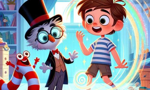 An 11-year-old boy, Oliver Pumpernickel, with messy hair and round glasses, expresses great surprise and wonder as he stands in front of a sparkling portal in his room. He wears a striped t-shirt and shorts, reaching out toward the portal, his eyes shining with excitement. Beside him, a small polka-dotted sock with a monocle, Sir Argyle, stands upright with one paw on his hip, displaying a serious yet playful expression. Another character, Toe, a red sock with mischievous eyes, jumps joyfully, while Heel, a blue sock, sings rhythmically with his little feet, adding cheer to the scene. The setting is Oliver's room, filled with scattered toys, open books, and soft light filtering through the window. The swirling, colorful portal emits beams of light that illuminate the room, creating a magical atmosphere. The main scene shows Oliver, amazed, ready to dive into an adventure through the portal, while his sock friends enthusiastically encourage him, ready to join him in this wacky and absurd world.