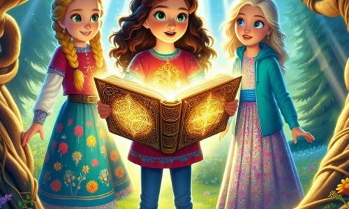 Drei Mädchen, Mia, Lena und Sophie, stehen zusammen in einem alten und geheimnisvollen Baum mit knorrigen Ästen und leuchtend grünen Blättern. Mia, 10 Jahre alt, hat lockige braune Haare und trägt ein rotes T-Shirt mit Jeans. Sie hält ein altes Buch mit goldenen Seiten und ist fasziniert von den leuchtenden Symbolen. Rechts von ihr steht Lena, ebenfalls 10 Jahre alt, mit geflochtenen blonden Haaren und einem bunten Blumenkleid. Sie schaut mit weit aufgerissenen Augen auf das Buch, voller Aufregung. Links steht Sophie, 9 Jahre alt, mit glatten kastanienbraunen Haaren und einem blauen Kapuzenpulli, die neugierig mit verschränkten Armen beobachtet. 

Ihr Baum befindet sich am Rande einer sonnigen Lichtung, umgeben von Wildblumen und einem azurblauen Himmel, wo Lichtstrahlen durch die Blätter filtern und eine magische Atmosphäre schaffen. 

Die Hauptsituation zeigt die Mädchen, die ein leuchtendes altes Buch entdecken, das ein Hologramm eines lächelnden Professors enthüllt, der bereit ist, sie auf ein Zeitreise-Abenteuer mitzunehmen.