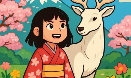 Aiko, una joven de 12 años con cabello negro y brillante, lleva un kimono tradicional con motivos de flores de cerezo. Su rostro está iluminado por una sonrisa de determinación y asombro mientras se encuentra al borde de un claro verde, rodeada de flores brillantes. A su lado, un viejo ciervo majestuoso, con un pelaje blanco resplandeciente y ojos sabios, la observa con benevolencia, como si la cuidara. Al fondo, la montaña sagrada se alza, cubierta de vegetación exuberante y cerezos en flor, mientras un cielo azul claro se extiende arriba, salpicado de nubes ligeras. La escena representa a Aiko, lista para compartir su corazón con la naturaleza, mientras se prepara para enfrentar la primera prueba de su viaje para encontrar al guardián espiritual de la montaña.