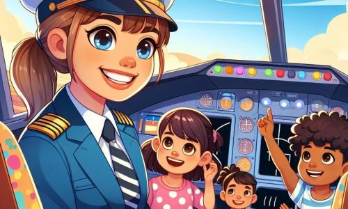 Una pilota di nome Sara sorride nel cockpit di un aereo colorato, indossando una divisa blu con spalline dorate e un cappello da pilota. I suoi capelli castani sono raccolti in una coda di cavallo e i suoi occhi brillano di eccitazione mentre spiega il volo ai bambini. Un gruppo di quattro bambini è presente intorno a lei: un ragazzo di 8 anni con occhiali e capelli biondi che alza la mano per fare una domanda; una ragazza di 7 anni con capelli ricci e una maglietta rosa che guarda con meraviglia; un ragazzo di 9 anni con un cappellino da baseball rosso che punta verso il cielo; e una ragazza di 6 anni con un vestito a pois che sorride tenendo un piccolo giocattolo di aereo. Sono tutti seduti nel cockpit, affascinati dall'avventura. Il cockpit è luminoso, pieno di comandi colorati, pulsanti lampeggianti e finestre che offrono una vista spettacolare su un cielo blu punteggiato di nuvole bianche. Sara spiega ai bambini come pilotare l'aereo mentre si preparano a decollare per un'avventura magica nei cieli, pieni di gioia ed eccitazione.