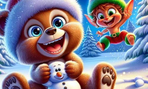 Ein kleiner Teddybär namens Bruno mit weichem braunem Fell und strahlenden Augen liegt im glitzernden Schnee und lacht herzlich. Neben ihm springt ein schelmischer Kobold namens Farceur mit zerzausten grünen Haaren und einem leuchtend roten Kostüm fröhlich in die Luft, während er einen kleinen Schneemann in den Händen hält, bereit für einen freundschaftlichen Wettkampf. Die Szene zeigt Bruno und Farceur, die in einem bezaubernden Winterlandschaft mit schneebedeckten Bäumen und sanft fallenden Schneeflocken eine Schneeballschlacht haben, umgeben von Magie und Freude, und den verspielten Geist von Weihnachten einfangen.
