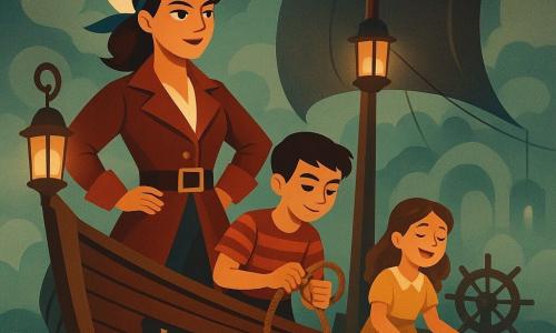 A female pirate captain, Mira, stands proudly at the bow of her ship, the Little Lantern. She has brown hair tied with a blue ribbon and a determined look. Beside her, a 12-year-old boy, Niko, skillfully ties a rope. A 10-year-old girl, Lila, stands near the mast, humming cheerfully while picking up scattered items on the deck. Old Ben, a man with gray hair and a wrinkled face, tells a joke while laughing near the helm. The ship sails through a thick mysterious fog, with gentle waves shimmering under the silver moonlight. The main scene shows the moment when the ship approaches the Misty Mouth, a misty and enigmatic passage, with hanging lanterns lighting the way.