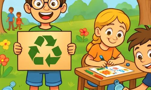 Ein 12-jähriger Junge, Jonas, mit zerzausten braunen Haaren und runden Brillen, lächelt begeistert und hält ein großes Pappschild mit der Aufschrift "Recyceln!". Er trägt ein leuchtend grünes T-Shirt und eine Jeansshorts, dazu abgetragene Turnschuhe. Neben ihm zeichnet seine beste Freundin Emilia, ein 12-jähriges Mädchen mit geflochtenen blonden Haaren und funkelnden Augen, bunte Plakate auf einem Holztisch, umgeben von Stiften und Filzstiften. Leo, ein 12-jähriger Junge mit kastanienbraunen Haaren und einem schelmischen Lächeln, sammelt Plastikflaschen vom Boden, bereit, sie zu recyceln. Die Szene spielt in einem grünen Park mit majestätischen Bäumen und leuchtend bunten Blumen unter einem klaren blauen Himmel. Im Hintergrund spazieren Familien und Kinder spielen fröhlich. Die Hauptsituation zeigt Jonas und seine Freunde in Aktion, entschlossen, die Menschen für die Bedeutung des Recyclings zu sensibilisieren, mit Ausdrücken von Freude und Entschlossenheit auf ihren Gesichtern.