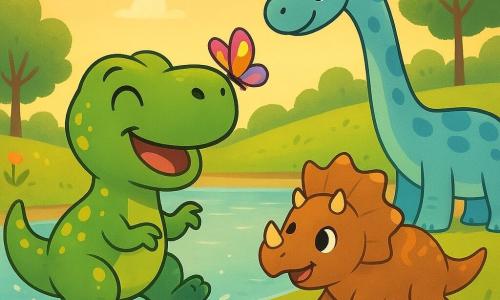 Ein lächelnder, fröhlicher kleiner Tyrannosaurus Rex mit grüner Haut und gelben Flecken, großen glänzenden Augen und kleinen Händen steht auf den Hinterbeinen und lacht, während ein bunter Schmetterling auf seiner großen Schnauze landet; Dino, der kleine Triceratops mit kurzen Hörnern und brauner Haut mit orangefarbenen Mustern, wedelt mit dem Schwanz und läuft neben dem T‑Rex und bestaunt den Schmetterling; Lilli, die lange Brachiosaurus mit dünnem, hellblau geflecktem Hals, beugt sich zum seichten, glitzernden See und taucht das Ende ihres Halses ins Wasser und lächelt friedlich; Ufer: flach, klar, grasbewachsen mit roten, gelben und blauen Blumen, runde Bäume und weiches Laub, warmer Spätnachmittagshimmel; Szene: die drei Dino‑Freunde spielen und planschen leise im Wasser, lachen zusammen, während ein mehrfarbiger Schmetterling darüber tanzt, sanfte, helle und geborgene Stimmung