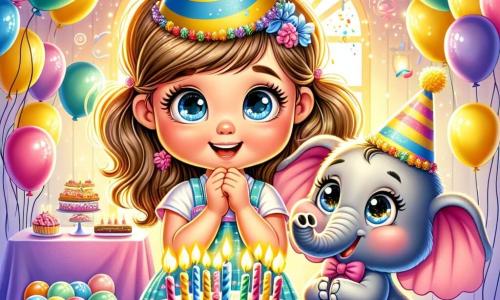 Una niña de 2 años, Lucía, con grandes ojos brillantes y una sonrisa radiante, lleva un bonito sombrero de fiesta colorido y está frente a un pastel de cumpleaños decorado con velas centelleantes. A su lado, un elefante alegre con un gran sombrero en forma de cono, orejas anchas y ojos chispeantes, baila sobre sus patas traseras, rodeado de globos multicolores que flotan en el aire. El decorado es una sala de fiesta luminosa, con serpentinas de papel crepé colgadas del techo, globos de todos los colores y una gran mesa llena de golosinas. Al fondo, las ventanas dejan entrar la luz del sol, añadiendo un toque cálido a la atmósfera festiva. Lucía, llena de emoción, sopla la vela de su pastel, mientras el elefante aplaude alegremente, creando una atmósfera mágica y festiva para su cumpleaños.