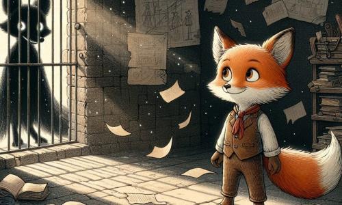 Ilustración que representa a un joven zorro de ojos brillantes, con pelaje rojizo y orejas puntiagudas, mostrando una curiosidad mezclada con aprensión. Se encuentra en el centro de una habitación oscura y polvorienta, rodeado de viejos libros y papeles esparcidos, observando una gran jaula abierta. Cerca, un zorro hecho de sombras, con ojos centelleantes y una silueta borrosa, observa al joven zorro con una expresión a la vez misteriosa y protectora. El lugar principal es un laboratorio abandonado, con paredes cubiertas de dibujos extraños y fórmulas, y ventanas rotas que dejan pasar rayos de luz que luchan contra la oscuridad. La situación principal muestra al joven zorro descubriendo la jaula vacía, mientras que la silueta del zorro de sombras parece materializarse detrás de él, creando una atmósfera intrigante y ligeramente inquietante. Elementos gráficos adicionales incluyen libros antiguos abiertos, hojas volantes y una luz tenue que acentúa el misterio, con sombras danzantes en las paredes, sugiriendo una magia oculta en el aire.