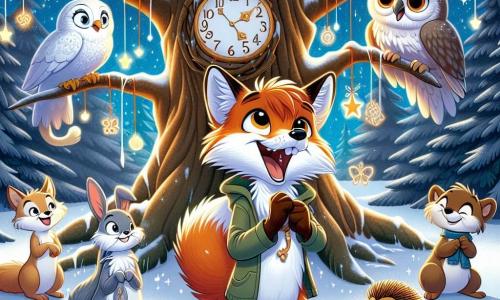 Fiocco, un giovane volpe dai peli arancioni e bianchi, si trova gioiosamente davanti a un maestoso albero con rami estesi, il suo viso illuminato da un sorriso di eccitazione e speranza. Tieni un piccolo pezzo di carta tra le zampe, pronto ad appenderlo all'albero. Accanto a lui, un gruppo di quattro animali: un gatto grigio dagli occhi scintillanti, che guarda con curiosità, un gufo dalle piume bianche posato su un ramo, che osserva con saggezza, uno scoiattolo dal pelo marrone che si agita d'impazienza, e un piccolo riccio dai pungiglioni morbidi, che sorride con entusiasmo. La scena si svolge in una foresta incantata, dove la neve scintilla sotto la luce della luna e le stelle brillano in un cielo notturno stellato. Fiocco e i suoi amici si sono riuniti per celebrare il Capodanno appendendo i loro desideri all'albero del tempo, creando un'atmosfera magica e piena di speranza.