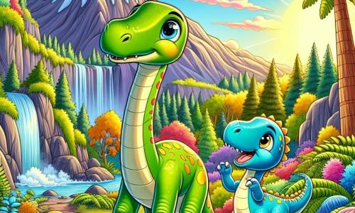 Un giovane diplodoco di nome Dino, con un lungo collo grazioso e una pelle verde brillante punteggiata di macchie gialle, guarda con occhi scintillanti di eccitazione. Si trova su un sentiero roccioso, circondato da grandi felci e fiori colorati. Accanto a lui, il suo amico Bronti, un altro diplodoco con squame azzurro cielo, sorride gioiosamente, con le piccole zampe anteriori sollevate come se fosse pronto a esplorare. Sullo sfondo, una maestosa montagna si erge, con le cime innevate che brillano sotto il sole dorato, mentre una cascata cristallina scende tra le rocce, creando un arcobaleno nell'aria. La scena mostra Dino e Bronti pronti a entrare in una valle segreta, piena di misteri e promesse di avventura.