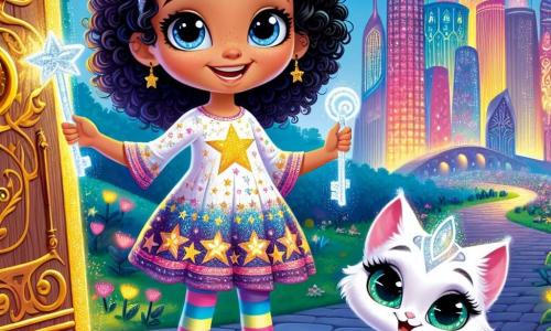 Una bambina di 5 anni, di nome Luna, con capelli neri ricci e occhi blu scintillanti, si trova al centro dell'immagine, con un ampio sorriso sul volto, mentre tiene in mano una chiave d'argento luccicante. Indossa un vestito colorato con motivi di stelle e collant a righe. Accanto a lei, un gattino magico di nome Neve, con pelo bianco splendente e occhi verdi brillanti, guarda Luna con curiosità, pronto ad accompagnarla nella sua avventura. Sullo sfondo, una grande città moderna si erge, con grattacieli dalle facciate colorate, luci scintillanti e alberi dalle foglie multicolori, creando un contrasto tra l'urbano e il fantastico. La scena si svolge in un parco magico, dove fiori luminescenti crescono attorno a loro e creature fantastiche danzano nell'aria. Luna e Neve si trovano davanti a una porta in legno antica, decorata con motivi dorati, che si apre su un mondo magico, simboleggiando l'inizio della loro avventura.