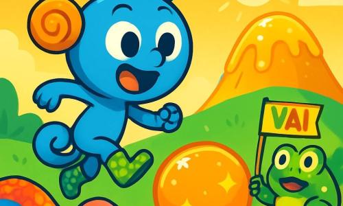 Zuzù, un personaggio blu con una grande testa rotonda, orecchie a forma di frittella e una coda arrotolata, è al centro dell'immagine, con gli occhi brillanti di eccitazione e un grande sorriso. Indossa stivaletti a pois verdi e si prepara a saltare su una enorme palla di gelatina, che brilla sotto il sole. A destra, Paffù, un rospo grassottello con pelle verde e macchie gialle, è seduto su una pietra, sorpreso, mentre tiene un piccolo striscione con la scritta "GO!" in lettere colorate. A sinistra, Sfriscia, una creatura liscia e lucente come un serpente, con squame arcobaleno, si sta allungando, pronta a saltare, con un'espressione determinata. Il luogo è un vasto campo verde, costellato di fiori multicolori, con una collina brillante sullo sfondo, coperta di gelatina scintillante. In cima alla collina, una luce dorata illumina la scena, aggiungendo un tocco magico. La situazione principale mostra Zuzù che prende slancio, pronto a saltare sulla palla di gelatina, mentre i suoi amici lo incoraggiano con entusiasmo, creando un'atmosfera di sfida e amicizia.
