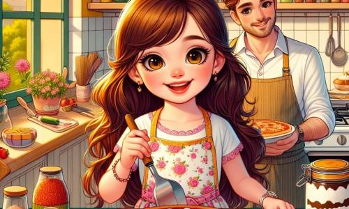 Una ragazza di 10 anni, Sofia, con lunghi capelli castani e occhi brillanti di gioia, è in piedi in una cucina luminosa e colorata, circondata da ingredienti per preparare un pasto speciale per la festa del papà. Indossa un bel grembiule a fiori e ha un grande sorriso sul volto, che mostra la sua eccitazione e determinazione. Accanto a lei, suo padre, Marco, un uomo di circa 35 anni con capelli castani e una leggera barba, la osserva con orgoglio. È seduto a tavola, tenendo un piatto di pizza appena sfornata, pronto a gustare il piatto che sua figlia ha preparato. La cucina è accogliente, con pareti gialle, mensole piene di barattoli di spezie colorate e una finestra che lascia entrare la luce del sole, illuminando la scena. Sulla tavola ci sono ingredienti sparsi: pomodori, mozzarella e un tiramisù decorato, aggiungendo un tocco di golosità. Sofia, piena di entusiasmo, sta servendo la pizza su un piatto, impaziente di condividere il suo piatto con suo padre, creando così un momento magico e gioioso per celebrare la festa del papà.