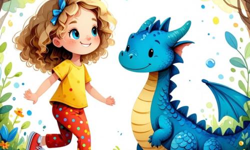 Una bambina di 5 anni, di nome Lalla, con capelli dorati e ricci, occhi blu pieni di curiosità, sorride gioiosamente saltellando in una radura incantata. Indossa una maglietta gialla brillante, pantaloni a pois colorati e scarpe rosse vivaci. Accanto a lei, un grande drago di nome Sbadiglio, con squame blu e occhi assonnati, si tiene leggermente piegato, con un'aria divertita e stanca, pronto a addormentarsi. Un piccolo gnomo di nome Gigi, di circa 7 anni, con una barba bianca e un cappello a punta, è seduto su una pietra, intento a leggere un libro antico, con un'espressione concentrata e intrigata. La scena si svolge nel Bosco delle Meraviglie, un luogo magico pieno di alberi maestosi, fiori multicolori e raggi di sole che filtrano attraverso la chioma, creando giochi di luce scintillanti. Al centro di questa radura, Lalla, Sbadiglio e Gigi si preparano a risolvere un indovinello per ritrovare i colori rubati del bosco, circondati da animali curiosi che li osservano con impazienza.