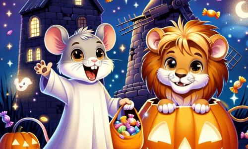 Im Mittelpunkt des Bildes steht ein kleiner Löwe namens Leo, mit einer goldenen Mähne und funkelnden Augen vor Aufregung, der ein glitzerndes Gespensterkostüm trägt. Er lächelt breit und hält eine große Tasche voller bunter Süßigkeiten. An seiner Seite springt seine beste Freundin Mia, die Maus, mit grauem Fell und großen Ohren vor Freude, ihre kleinen Pfoten erhoben, begeistert von der Magie der Nacht. Im Hintergrund ist eine alte Mühle mit zerbrochenen Fenstern, die von Kürbislaternen beleuchtet wird, was eine geheimnisvolle und festliche Atmosphäre schafft. Die Szene zeigt Leo und Mia vor dem großen, leuchtenden magischen Kürbis, umgeben von Konfetti und Süßigkeiten, während Sterne am sternenklaren Nachthimmel funkeln und den fröhlichen und abenteuerlichen Geist von Halloween einfangen.