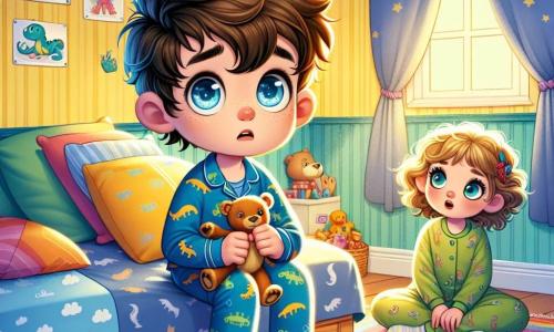 Um menino de 8 anos, Lucas, com cabelos castanhos bagunçados e olhos brilhantes de curiosidade, está sentado em sua cama, com uma expressão de preocupação e determinação no rosto. Ele veste um pijama azul com estampas de dinossauros e segura um urso de pelúcia. Ao seu lado, sua irmãzinha Sofia, de 5 anos, com cabelos cacheados e um sorriso inocente, observa o irmão com admiração, sentada de pernas cruzadas no tapete colorido. A cena acontece em um quarto acolhedor, com paredes pintadas de amarelo pastel, decorado com pôsteres de dragões e desenhos infantis. Um raio de lua entra pelas cortinas, projetando sombras suaves no chão de madeira. Lucas, com uma expressão de coragem, se prepara para falar com um monstro imaginário escondido sob a cama, enquanto Sofia o encoraja com um olhar confiante. Seus brinquedos estão espalhados ao redor, acrescentando um toque de magia à atmosfera do quarto.