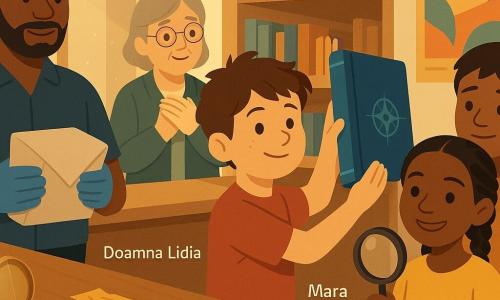 Un băiat de 10 ani cu față rotundă și păr șaten zburlit, expresie mândră dar blândă, pune delicat pe o etajeră din lemn o carte mare cu copertă albastră și o busolă desenată pe cotor; o fată de 10 ani, Mara, cu părul împletit și îmbrăcată în galben, ține o lupă rotundă și zâmbește încurajator, puțin în față, în dreapta; un bărbat adult, domnul Mircea, cu mănuși albastre ține o carte învelită în hârtie curată, cu privirea ușurată, stând lângă tejghea, în stânga copiilor; o femeie adultă, doamna Lidia, bibliotecară, cu păr gri și ochelari rotunzi, mâinile la piept și fața emoționată, stă în spatele tejghelei din lemn; un băiat de 10 ani, Darius, cu un măr roșu pe jumătate mușcat, cu privirea rușinată dar gata să ajute, stă puțin retras lângă Mara; biblioteca e mică și primitoare, cu rafturi de lemn deschis aliniate, afişe colorate pe perete, o fereastră prin care intră o lumină aurie blândă și particule de hârtie vizibile; pe tejghea, în prim-plan, o mică busolă metalică deschisă, ușor strălucitoare, și un bilet galben mototolit adaugă un detaliu de anchetă; scena surprinde momentul restituirii cărții: gesturi calme, fețe ușurate, atmosferă reparatoare și prietenoasă, compoziția centrată pe cartea albastră așezată în spațiul gol de pe raft.