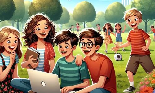 Într-un parc însorit, patru prieteni stau împreună, înconjurați de flori colorate și copaci verzi. Andreea, o fată de 11 ani cu părul creț și ochi strălucitori, zâmbește fericită, ținând un carnet de notițe. Mihai, un băiat de 12 ani cu părul brun și ochelari, stă pe o pătură de picnic, concentrat pe laptopul său, unde montează filmul lor. Radu, un băiat de 11 ani cu părul blond și un tricou roșu, gesticulează entuziast explicând o idee. Elena, o fată de 10 ani cu părul lung și neted, îmbrăcată într-o rochie cu flori, stă lângă Radu, ascultând atent și luând notițe. Parcul este plin de râsete de copii și cânturi de păsări, cu un cer albastru și câțiva nori albi. În fundal, un grup de copii se joacă cu mingea, adăugând o atmosferă veselă. Cei patru prieteni discută pasionat despre proiectul lor privind incluziunea copiilor cu dizabilități, hotărâți să creeze un film care să arate importanța prieteniei și înțelegerii.