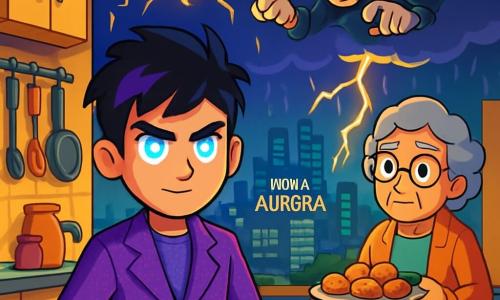 Um jovem, Otávio, está no centro do palco, vestido com um traje violeta brilhante, com olhos azul elétrico e cabelos negros com mechas violetas. Sua expressão é determinada e corajosa, pronto para enfrentar o desafio que o aguarda. À sua direita, sua avó, Dona Lúcia, uma mulher de cerca de 70 anos, com cabelos grisalhos e óculos redondos, observa com preocupação enquanto segura uma bandeja de deliciosos bolos. Ela está em uma cozinha acolhedora, cheia de utensílios coloridos e vasos de flores na janela. Ao fundo, uma tempestade se forma no céu, com relâmpagos dourados iluminando a cidade de Nova Aurora, onde edifícios futuristas brilham sob a chuva. A cena principal mostra Otávio, pronto para enfrentar o desafio do Dr. Enigma, que se diverte com ele de uma nuvem ameaçadora, enquanto relâmpagos cortam o céu, criando uma atmosfera de tensão e excitação.