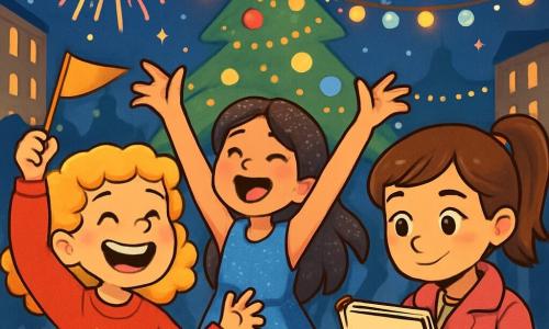 There are 3 characters: - Lucy: a 10-year-old girl with curly blonde hair, wearing a red sweater with golden stars. She is energetic and smiling widely, holding a small party flag in her hand. - Mia: a 10-year-old girl with long brown hair adorned with glitter. She is wearing a sparkling blue dress and joyfully dancing with her arms raised to the sky. - Emma: a 10-year-old girl with brown hair tied in a ponytail, wearing a pink coat. She looks thoughtful, holding a notebook where she writes her New Year's resolutions. The three girls are in the center of a lively square, surrounded by colorful lights and festive decorations. In the background, a large Christmas tree sparkles with lights and shiny ornaments. Fireworks burst in the night sky, illuminating the scene with bright colors. The main situation of the story shows the girls celebrating New Year's, laughing and dancing together amidst a joyful crowd, sharing their wishes and resolutions under a starry sky filled with magic.