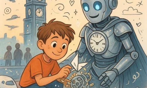 A 10-year-old boy with a round freckled face and short tousled brown hair, crouched and carefully freeing a small paper airplane from shiny gears, while a medium-sized anthropomorphic silver Timekeeper robot with warm blue LED eyes and a clock-dial visor on its chest stands behind him, slightly leaning forward in gratitude; they stand on a smooth-tiled rooftop near a white shuttle platform, a tall silver clock tower with visible gears and sliding neighborhood platforms in soft neon cyan, coral and pale yellow fills the background, paper and tickets fluttering, blurred onlookers and silhouetted drones and shuttles in the twilight sky, a warm, optimistic scene of cooperation and repair.