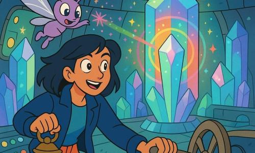 Mira is a woman with a gentle smile and wonder-filled gaze, mid-length black hair with a silver streak, wearing a midnight-blue jacket and bright trousers, holding a golden lantern in one hand and turning a large metal dial with the other, expression focused and brave in a dynamic pose; Lilo is a small winged non-human creature with thin silver wings with violet highlights and big bright eyes, flying near Mira’s hand and sending pink and green sparks toward a large crystal at shoulder height; no other humans present. The scene is a large round chamber called the crystal silo: curved metal walls with glowing panels and silver pipes, enormous translucent crystals embedded in floor and ceiling emitting multicolored halos, retro-futuristic consoles with blinking round buttons. Main action: Mira and Lilo combine their movements to awaken a central crystal that pulses rainbow rings of light, scattering sparks and floating star motifs; mood is magically technological, colorful with strong contrasts, crisp outlines, warm expressions, composition centered on the crystal and the two characters.