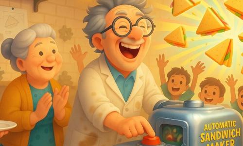 An enthusiastic fifty-something inventor with messy gray hair, large round glasses and an oil-stained coat presses a big red button laughing as colorful triangular sandwiches burst from his polished metal 