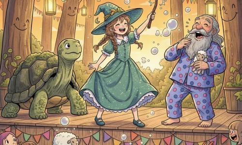 A smiling, slightly embarrassed 12-year-old witch with messy light-brown braids, a crooked pointed hat and a green ruffled dress dusted with glitter waves a knotted wooden wand that crackles and sends glowing bubbles which burst into fluffy little lambs; to her right a laughing ~60-year-old judge with a long gray beard in unbuttoned pink-and-blue polka-dot pajamas stands on stage with a plush lamb tucked in his beard, while Tilly the enormous, wise female turtle with a moss-covered, rough shell sits at the back left watching; the wooden stage is decorated with colorful garlands and pennants in a forest clearing with glowing mushrooms and hanging lanterns, a carpet of golden leaves at sunset, creating a festive, warm evening atmosphere.
