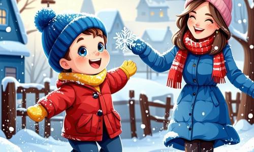A little boy named Ben, 3 years old, with sparkling blue eyes and rosy cheeks, is wearing a bright red coat, a blue wool hat, and yellow gloves. He joyfully jumps in the snow, a big smile on his face, as he sticks out his tongue to catch a falling snowflake. Next to him, his mom, a woman in her thirties with brown hair in a bun and a colorful scarf, watches him tenderly, laughing at his enthusiasm. She is wearing a black coat and fur-lined boots. In the background, the winter landscape is enchanting: majestic trees covered in sparkling snow, a light blue sky dotted with fluffy white clouds, and a soft golden sunlight illuminating the scene. The main focus shows Ben and his mom playing in the snow, surrounded by gently falling snowflakes, creating a joyful and magical winter day atmosphere.