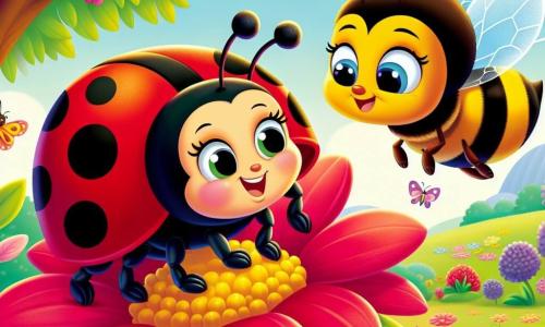 Uma pequena joaninha chamada Lila, com um corpo vermelho vivo salpicado de manchas pretas, expressa grande curiosidade e alegria em seu rosto sorridente. Ela voa graciosamente sobre uma flor rosa brilhante, suas asas translúcidas brilham sob o sol. Ao lado dela, uma abelha chamada Bia, com um corpo amarelo e preto listrado, parece preocupada, procurando seu caminho para a colmeia, pousada em uma folha verde. Ao fundo, um magnífico jardim colorido se estende, cheio de flores variadas, borboletas dançantes e uma grande árvore majestosa que oferece sombra. A cena mostra Lila e Bia se ajudando, ilustrando a magia da amizade em um momento de descoberta e apoio.