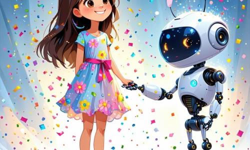 O fetiță de 6 ani, Mia, cu părul lung și brunet și ochi strălucitori de curiozitate, stă în centrul imaginii, zâmbind și uimită, privind un nor de confetti colorate care cade în jurul ei. Ea poartă o rochie ușoară și colorată, împodobită cu motive florale, și adidași strălucitori. Lângă ea se află Tavi, un robot mic cu urechi mari, cu un corp argintiu și lumini intermitente care îi exprimă emoțiile. El sare de bucurie, ochii lui strălucind de entuziasm. Un pic mai departe, Alex, un băiat de 8 ani cu părul castaniu și ochelari rotunzi, ajustează un aparat în laboratorul său futurist. El poartă o combinație de om de știință plină de buzunare și zâmbește văzându-i pe Mia și Tavi distrându-se. Locul este un parc futurist în orașul Zburător, cu copaci cu frunze strălucitoare și clădiri din sticlă care strălucesc sub soare. Vehiculele flotante trec pe deasupra lor, iar drone colorate zboară pe cer, adăugând la atmosfera veselă. Situația principală arată cum Mia, Tavi și Alex sărbătoresc împreună, înconjurați de confetti care cade ca o ploaie de culori, simbolizând bucuria și prietenia, după ce au reparat un aparat care aduce fericire tuturor.