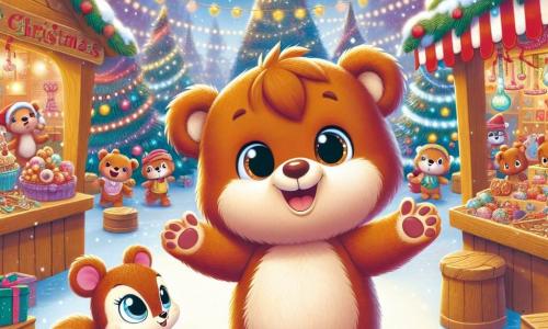 Ein kleiner Teddybär namens Benno, mit weichem braunem Fell und neugierigen Augen, steht in der Mitte der Szene, die Arme weit geöffnet und mit einem großen Lächeln im Gesicht, das seine Freude und Aufregung über Weihnachten ausdrückt. Neben ihm schaut ein kleines Eichhörnchen namens Elli, mit rotem Fell und einem kleinen buschigen Schwanz, mit leuchtenden Augen zum Himmel und ist glücklich, bei ihrem Freund zu sein. Die Szene spielt auf einem lebhaften Weihnachtsmarkt, beleuchtet von funkelnden Lichtern und geschmückt mit Tannenbäumen, die mit bunten Kugeln verziert sind. Holztische bieten Leckereien, Spielzeuge und Dekorationen an, während sanfte Schneeflocken um sie herum fallen. Benno und Elli, umgeben von der festlichen Atmosphäre, suchen begeistert nach den verlorenen Geschenken und sind bereit, dem Weihnachtsmann zu helfen, die Magie von Weihnachten wiederzufinden.