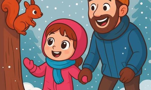 Una niña de 6 años, Clara, con grandes ojos brillantes y mejillas rosas, lleva un traje de nieve rosa brillante y una bufanda azul. Sonríe asombrada mientras observa una pequeña ardilla roja que trepa por un árbol. A su lado, su papá, un hombre de unos treinta años con barba marrón y un gorro de lana, le sostiene la mano mientras ríe. Están en un bosque encantado, donde los árboles están cubiertos de nieve brillante y el suelo está cubierto de una gruesa capa de polvo blanco. La escena muestra a Clara y su papá caminando juntos, rodeados de copos de nieve que caen suavemente del cielo gris claro, creando una atmósfera mágica y alegre.