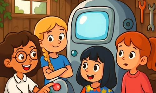 Er zijn 4 kinderen: Emma, een 10-jarig meisje met krullend bruin haar, draagt een witte blouse en ronde bril. Ze staat links, met nieuwsgierige ogen, terwijl ze een knop van de machine aanraakt. Noor, een 9-jarig meisje met gevlochten blond haar, is gekleed in een blauwe t-shirt en een spijkerbroek. Ze staat rechts van Emma, met gekruiste armen en een ondeugende glimlach, klaar om te verkennen. Lisa, een 10-jarig meisje met steil zwart haar, draagt een gekleurde bloemenjurk. Ze staat iets naar achteren, met haar handen op haar heupen, terwijl ze de machine met verwondering bekijkt. Sophie, een 9-jarig meisje met een paardenstaart van rood haar, draagt een roze sweatshirt. Ze staat iets verder weg, met grote ogen, terwijl ze de scène met fascinatie observeert. De scène speelt zich af in een oude houten schuur met muren bedekt met groene klimop. Binnen filtert het licht door stoffige ramen en verlicht een grote glanzende metalen machine in het midden, versierd met kleurrijke knoppen en een helder scherm. Spinrag hangt in de hoeken en oude gereedschappen liggen verspreid over houten planken. De kinderen ontdekken de mysterieuze tijdmachine, omgeven door een sfeer van opwinding en mysterie, klaar om op een knop te drukken en aan een ongelooflijk avontuur door de tijd te beginnen.