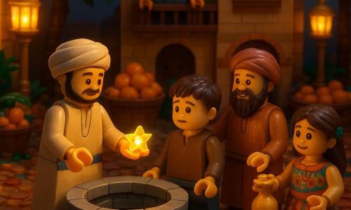 Ein vermittelnder Mann mit sanftem Gesicht aus abgerundeten LEGO‑Steinen und feinem Schnurrbart trägt lange sand‑ und blaufarbene Gewänder und hält auf seiner offenen Hand in der Bildmitte ein leuchtendes Juwel („Stern des Versprechens“); ein etwa 10‑jähriger Junge mit kurzen dunkelbraunen LEGO‑Haare rührt zögernd den Rand eines alten Brunnens neben ihm an, ein älterer Mann (Vater, ca. 40–50) mit geflochtener Bart‑Optik und ockerfarbener Tunika steht am Brunnen, Hand auf der Schulter des Jungen, erleichtert lächelnd; ein etwa 7‑jähriges Mädchen in buntem Kleid mit einer kleinen Amphore aus Bruchstücken schaut freudig zum Brunnen und hält eine kleine Tessera als Gabe; ein Händler auf einem LEGO‑Balkon darüber in grauem Mantel mit verschränkten Armen beobachtet zuerst verschlossen, dann neugierig; der Platz der Orangen ist mit ocker‑ und roten Steinen gepflastert, goldene LEGO‑Laternen werfen warmes Licht, Marktstände zeigen glänzende Orangenstapel und Miniaturpalmen; Hauptaktion: alle ziehen gemeinsam Wasser aus dem Brunnen und der Vermittler überreicht das leuchtende Juwel, die Gesichter erhellen sich, die Atmosphäre ist warm, märchenhaft mit orientalischen Akzenten (bestickte Stoffe, Metalllaternen, Mosaikmuster); Stil: warme Farben, deutlich LEGO‑Stein‑Texturen, kindliche Proportionen, goldene Dämmerungsbeleuchtung, zentrierte, leicht lesbare Komposition für ein 6‑jähriges Publikum.