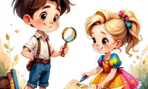 Un băiat de 8 ani, Andrei, cu părul castaniu și ochii plini de curiozitate, stă în centrul imaginii, zâmbind cu entuziasm. Poartă un tricou roșu cu un logo de supererou și o pereche de pantaloni scurți albaștri, ținând o lupă în mâna dreaptă, pregătit să rezolve un mister. La stânga lui, Maria, o fetiță de 7 ani cu bucle aurii și o rochie cu flori colorate, studiază atent o hartă a comorii, concentrată. La dreapta, David, un băiat de 8 ani cu ochelari rotunzi și un tricou verde, notează indicii într-un carnet, având o expresie serioasă dar entuziastă. Scena are loc într-un parc însorit, plin de flori colorate și baloane, iar în fundal se vede o masă mare decorată cu prăjituri și dulciuri, unde se desfășoară o petrecere animată, creând o atmosferă festivă. Principala situație arată cum Andrei și prietenii săi sunt în mijlocul unei anchete, căutând indicii pentru a găsi o prăjitură dispărută, înconjurați de râsetele copiilor și de o atmosferă de mister vesel.