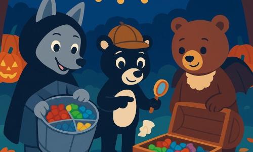 Un pequeño lobo antropomorfo gris claro, orejas grandes y capucha-sombrero negra demasiado larga, ojos brillantes y sonrisa traviesa, sostiene un cubo metálico compartimentado mostrando caramelos ordenados por color; una pequeña mofeta detective (blanco y negro), ojos curiosos y sonrisa cómplice, con lupa de madera y gorra, señala un mapa arrugado que sale de un caramelo blanco; un gran oso disfrazado de bebé murciélago, pelaje marrón y babero de encaje, tímido pero feliz, empuja un cofre de madera abierto lleno de bolsas de caramelos ordenadas; todo ello en un claro nocturno rodeado de árboles de hojas naranjas, calabazas talladas iluminadas en fila, guirnaldas de luces cálidas, piedras musgosas y suelo cubierto de hojas secas y pequeñas linternas; la escena muestra el descubrimiento y reparto del tesoro de caramelos, colores vivos contrastando con una noche azul profunda, composición centrada, formas sencillas y aplastadas y ambiente cálido y festivo.